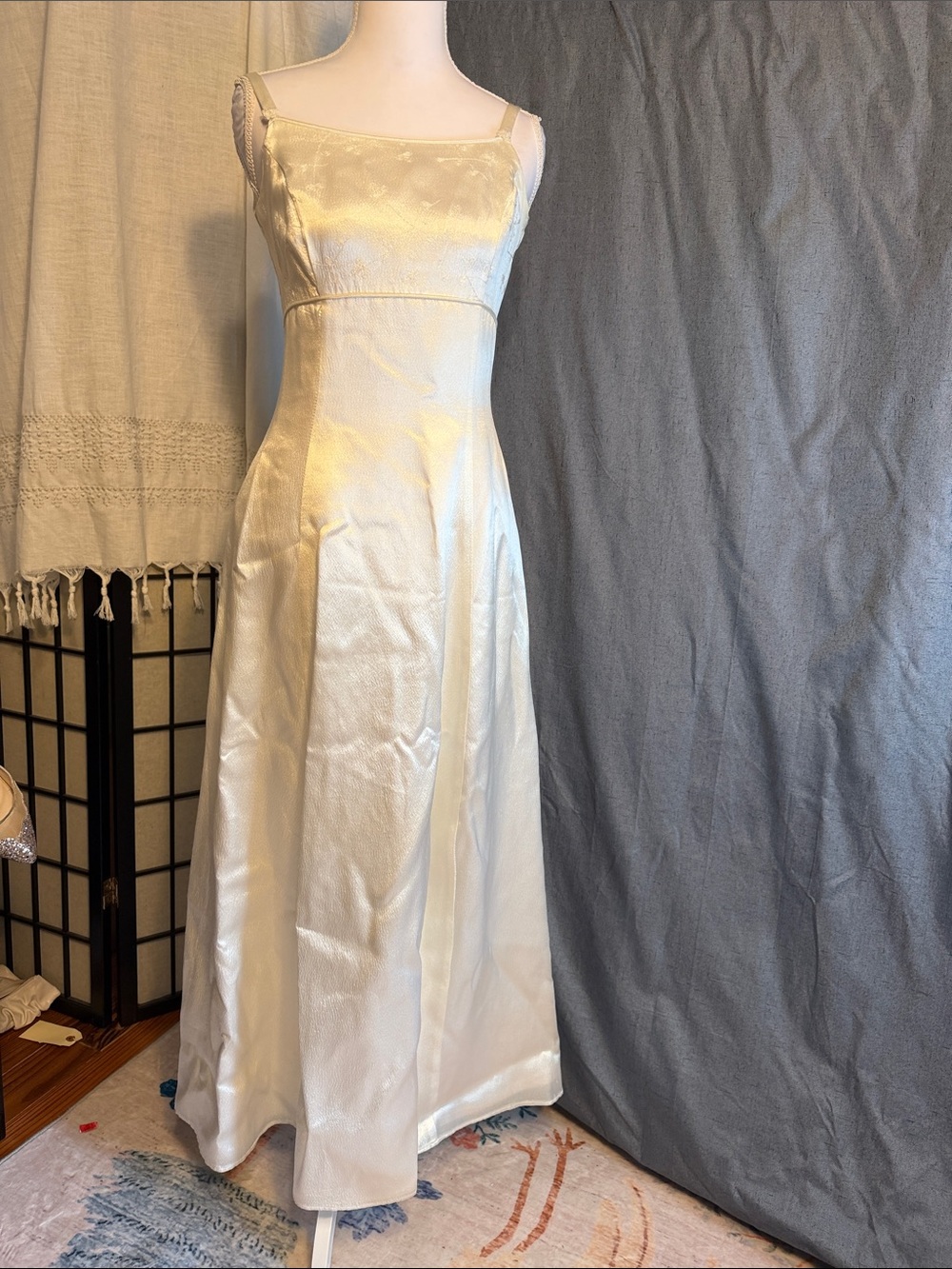 Vintage Y2K Jessica McClintock Gunne Sax Cream Satin Maxi Dress with Square Neck